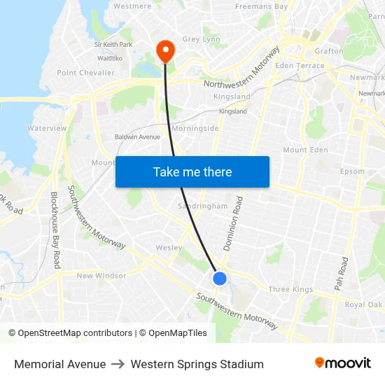Memorial Avenue to Western Springs Stadium map