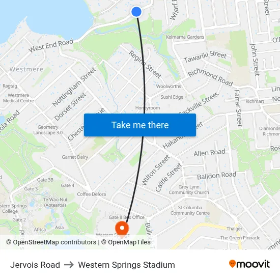 Jervois Road to Western Springs Stadium map