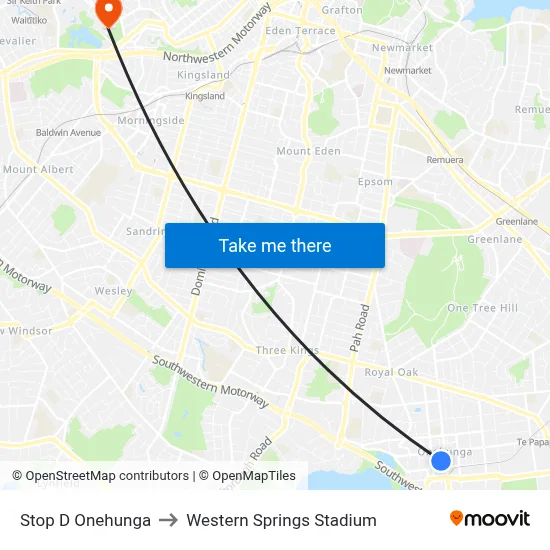 Stop D Onehunga to Western Springs Stadium map