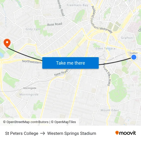 St Peters College to Western Springs Stadium map