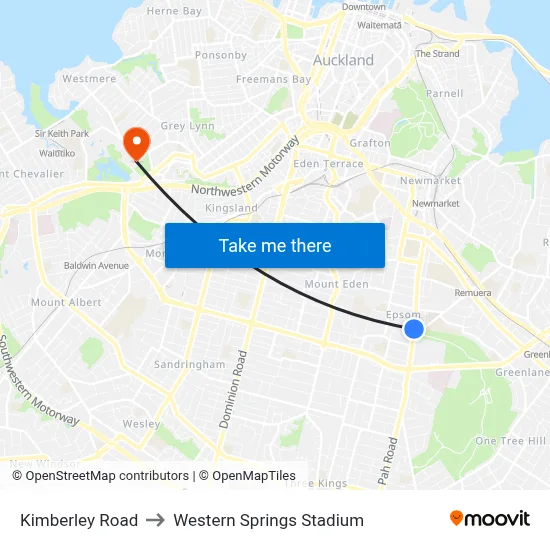 Kimberley Road to Western Springs Stadium map