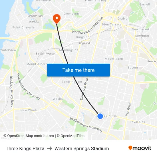 Three Kings Plaza to Western Springs Stadium map