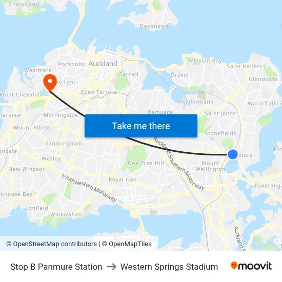 Stop B Panmure Station to Western Springs Stadium map