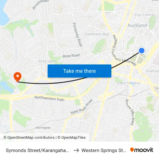Symonds Street/Karangahape Road to Western Springs Stadium map