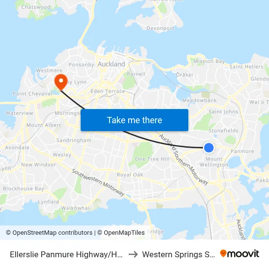 Ellerslie Panmure Highway/Harris Road to Western Springs Stadium map