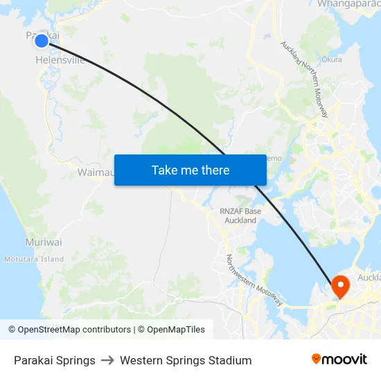 Parakai Springs to Western Springs Stadium map