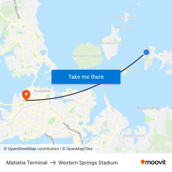 Matiatia Terminal to Western Springs Stadium map