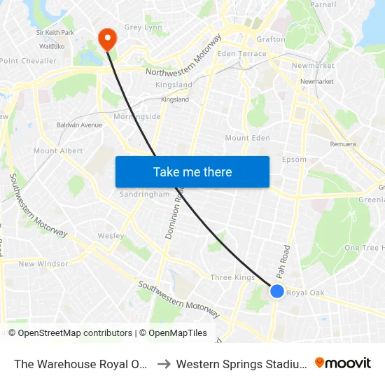 The Warehouse Royal Oak to Western Springs Stadium map