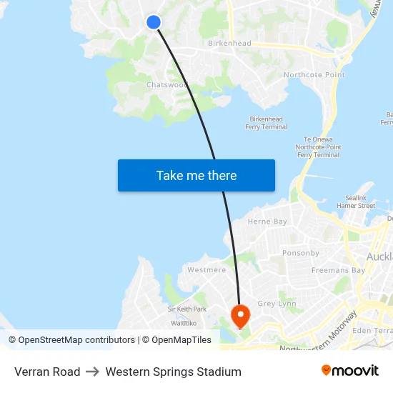 Verran Road to Western Springs Stadium map