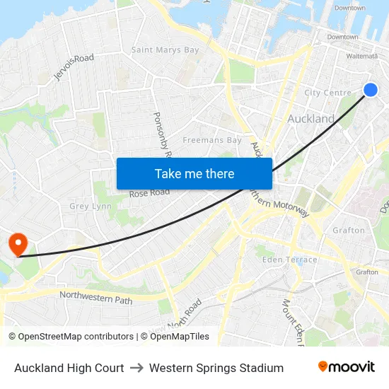 Auckland High Court to Western Springs Stadium map