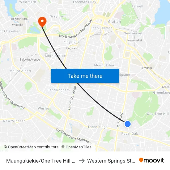 Maungakiekie/One Tree Hill Domain to Western Springs Stadium map
