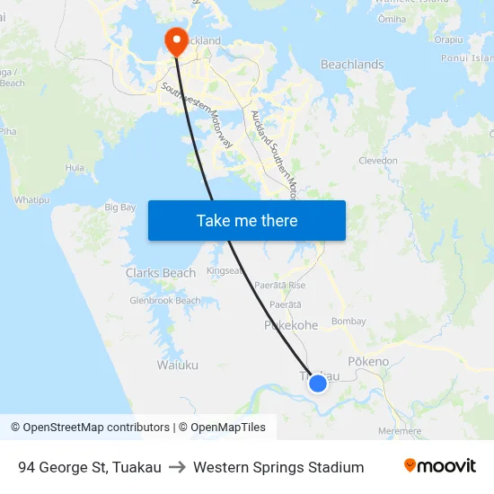 94 George St, Tuakau to Western Springs Stadium map