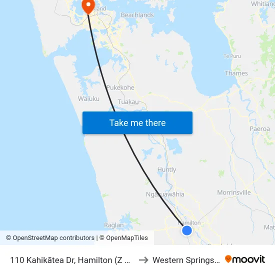 110 Kahikātea Dr, Hamilton (Z Service Station) to Western Springs Stadium map