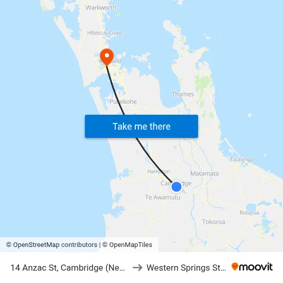 14 Anzac St, Cambridge (New World) to Western Springs Stadium map