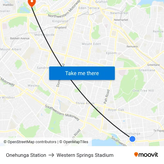Onehunga Station to Western Springs Stadium map