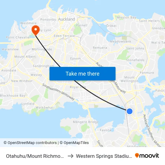 Otahuhu/Mount Richmond to Western Springs Stadium map