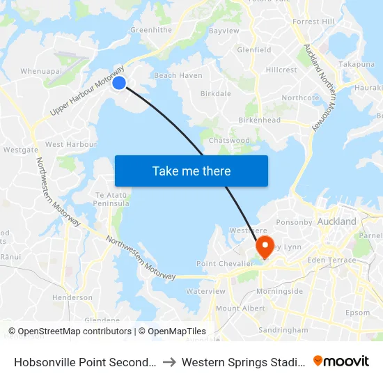 Hobsonville Point Secondary to Western Springs Stadium map