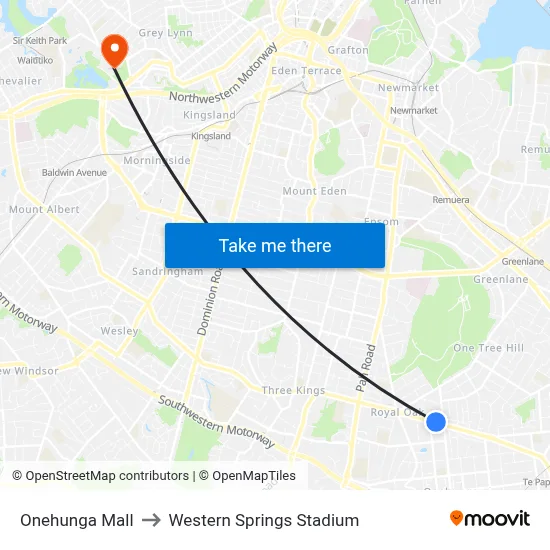 Onehunga Mall to Western Springs Stadium map