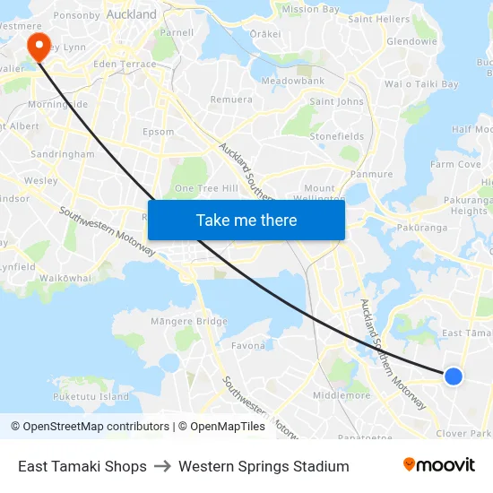 East Tamaki Shops to Western Springs Stadium map