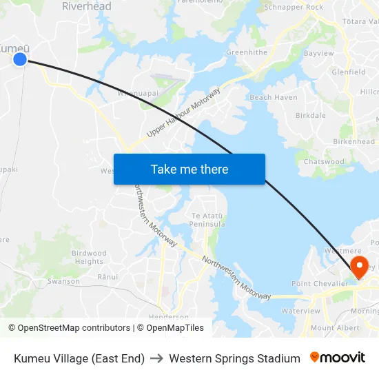 Kumeu Village (East End) to Western Springs Stadium map