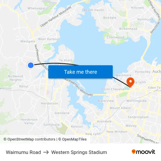 Waimumu Road to Western Springs Stadium map