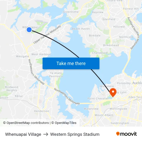 Whenuapai Village to Western Springs Stadium map