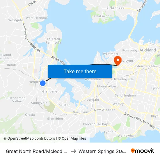 Great North Road/Mcleod Road to Western Springs Stadium map