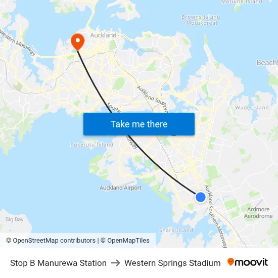 Stop B Manurewa Station to Western Springs Stadium map
