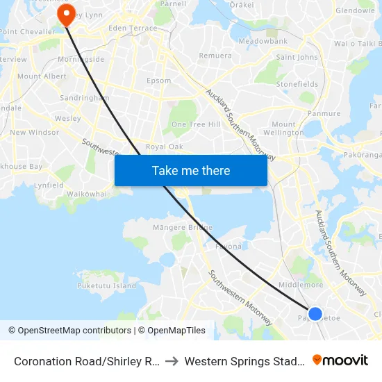 Coronation Road/Shirley Road to Western Springs Stadium map
