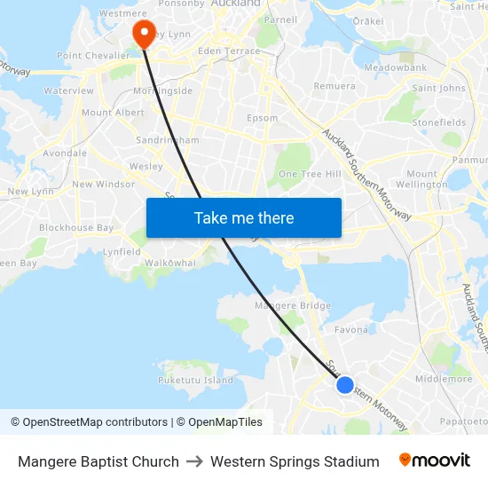 Mangere Baptist Church to Western Springs Stadium map