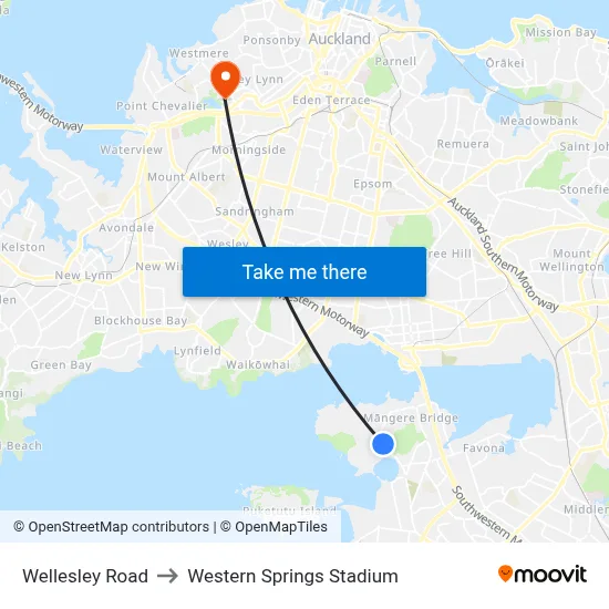 Wellesley Road to Western Springs Stadium map