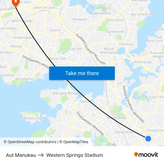 Aut Manukau to Western Springs Stadium map
