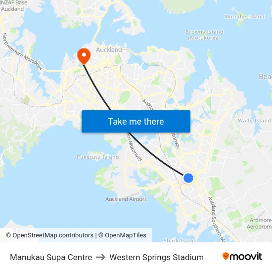 Manukau Supa Centre to Western Springs Stadium map