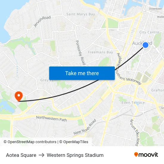 Aotea Square to Western Springs Stadium map