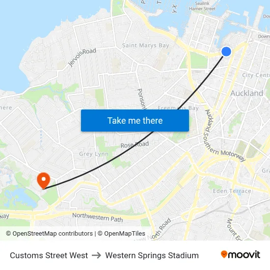 Customs Street West to Western Springs Stadium map