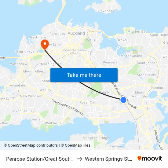 Penrose Station/Great South Road to Western Springs Stadium map