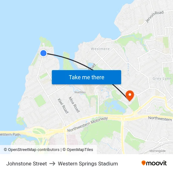 Johnstone Street to Western Springs Stadium map