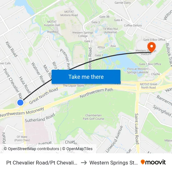 Pt Chevalier Road/Pt Chevalier Shops to Western Springs Stadium map