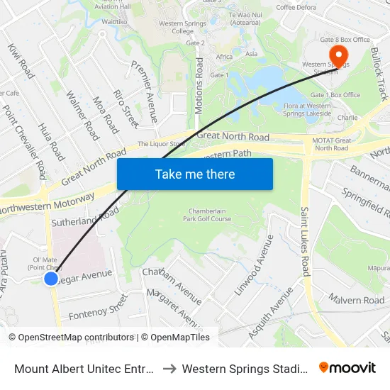 Mount Albert Unitec Entry 2 to Western Springs Stadium map