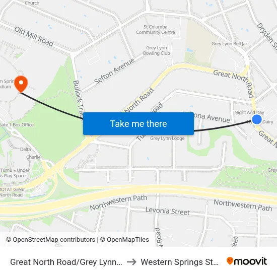 Great North Road/Grey Lynn Shops to Western Springs Stadium map