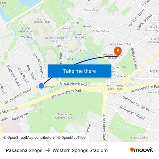 Pasadena Shops to Western Springs Stadium map