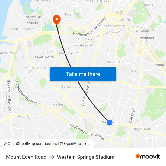 Mount Eden Road to Western Springs Stadium map
