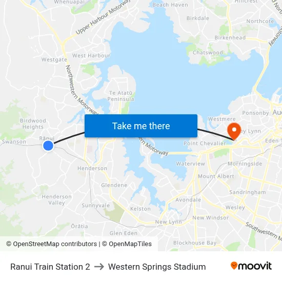Ranui Train Station 2 to Western Springs Stadium map