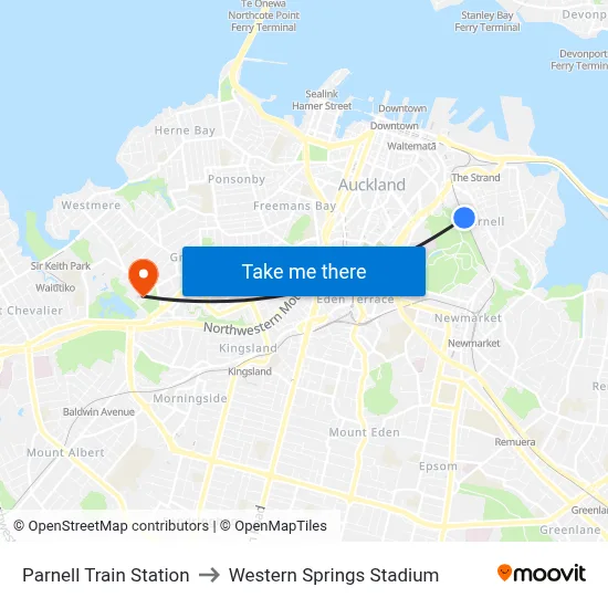 Parnell Train Station to Western Springs Stadium map