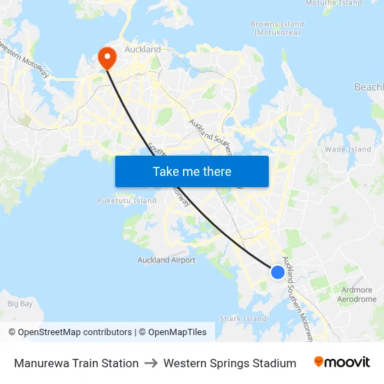 Manurewa Train Station to Western Springs Stadium map