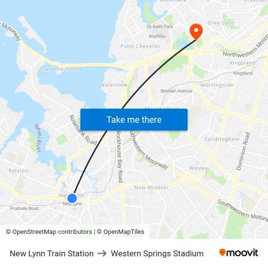 New Lynn Train Station to Western Springs Stadium map