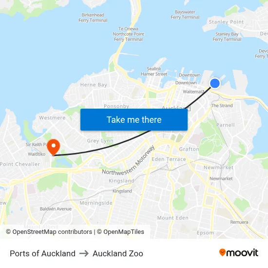 Ports of Auckland to Auckland Zoo map