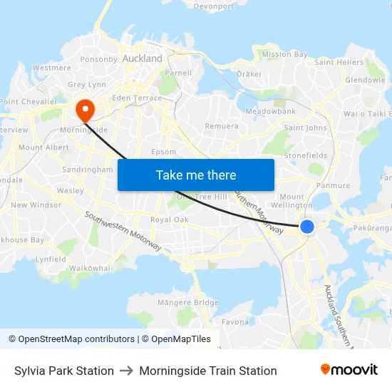 Sylvia Park Station to Morningside Train Station map