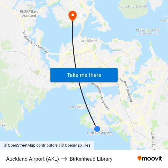 Auckland Airport (AKL) to Birkenhead Library map