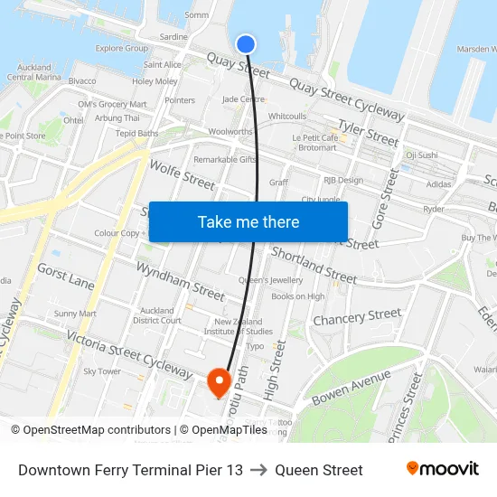 Downtown Ferry Terminal Pier 13 to Queen Street map